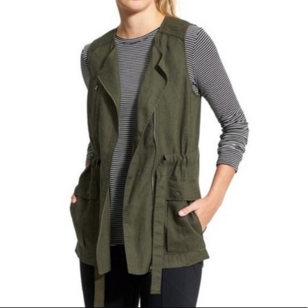 Athleta Wanderabout 100% Linen Olive Green Utility Tunic Length Zip Vest S